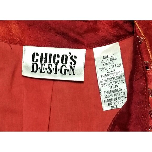 CHICO'S Design Red Silk Button Up Top Sz 1 Gold Embroidered Long Sleeves Jacket - Picture 3 of 8